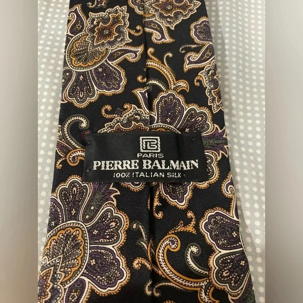 Pierre Balmain Men’s Paisley Floral Print 100% Silk Tie Black Gray Beige